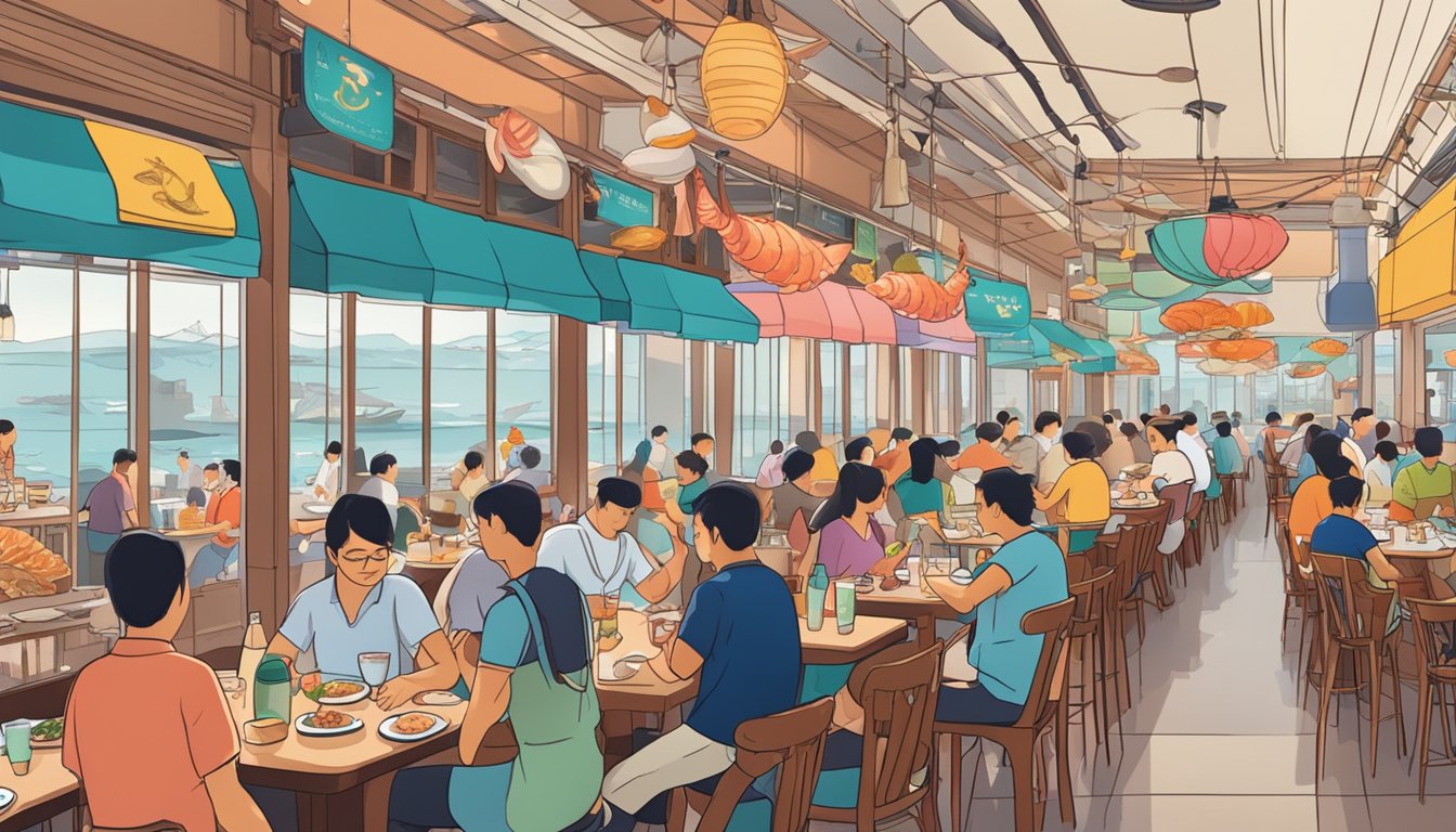 A bustling seafood restaurant in Singapore, with colorful signage and a lively atmosphere. Tables are filled with diners enjoying fresh seafood dishes