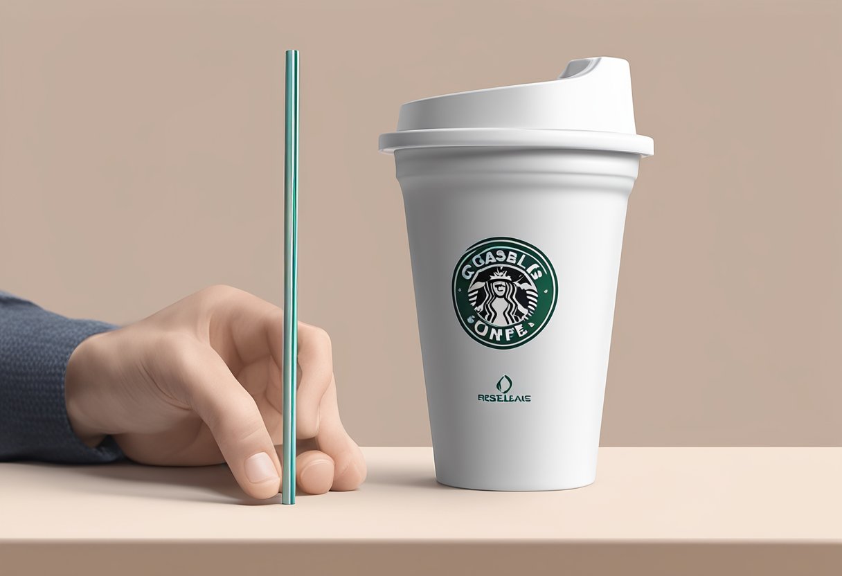 A hand holding a branded, foldable straw next to a reusable cup. The straw is compact and comes with a carrying case