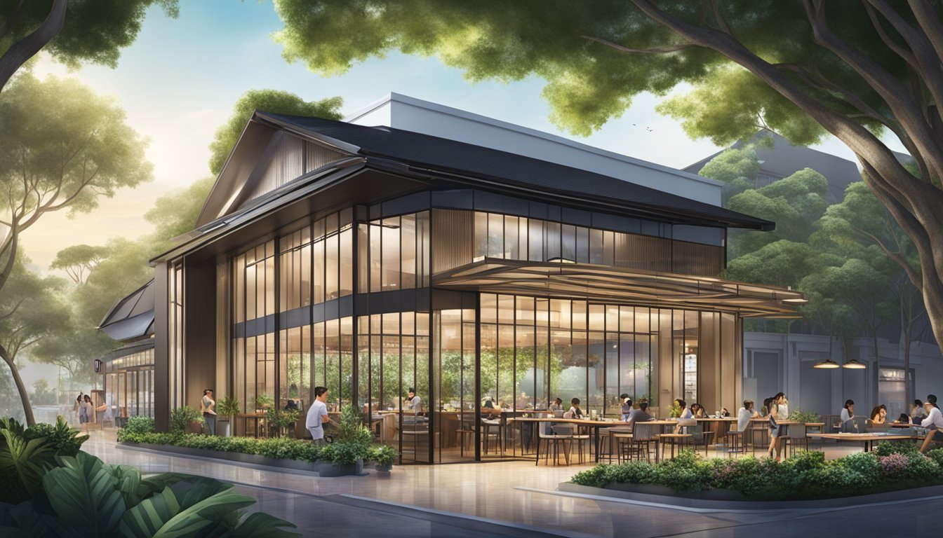 The exterior of the new Gillman seafood restaurant in Singapore, with a modern and sleek design, surrounded by lush greenery and a bustling atmosphere