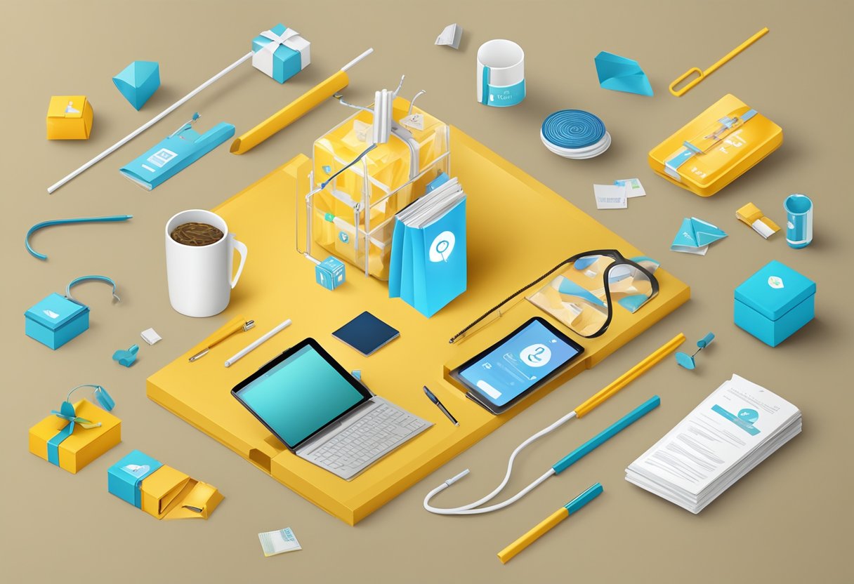 A branded foldable straw surrounded by FAQ icons and corporate gifts