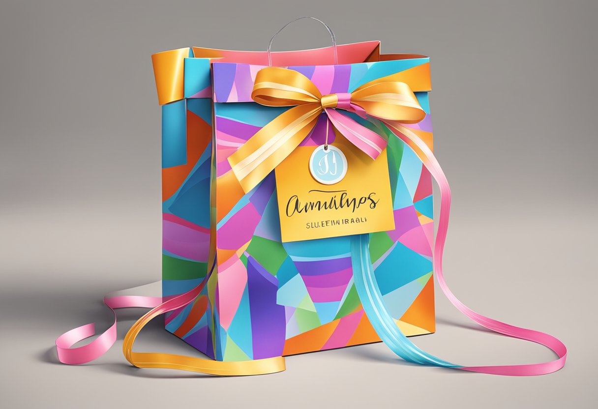 A colorful gift bag adorned with personalized name tag and ribbons