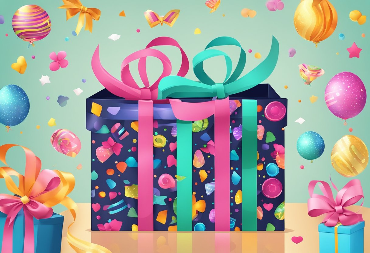 A colorful gift bag with personalized text and vibrant patterns, surrounded by various decorative elements like ribbons, bows, and stickers