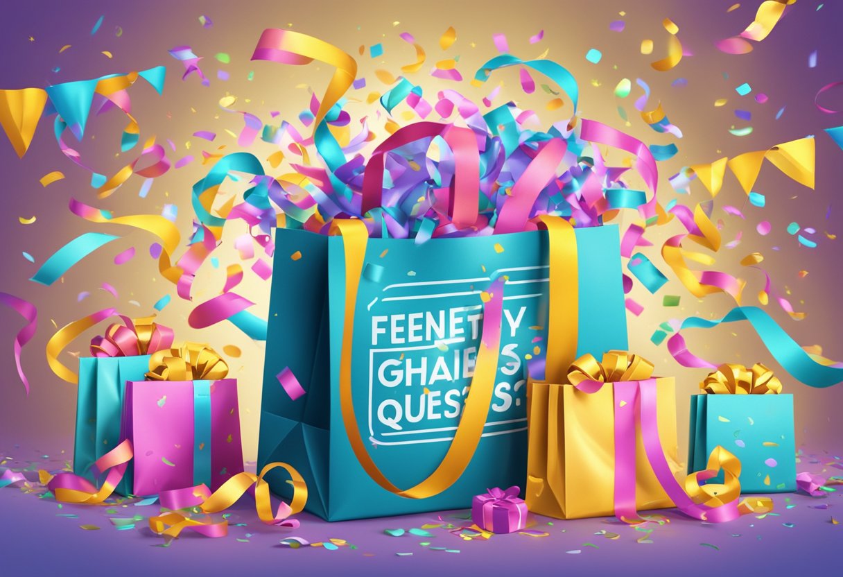 A gift bag with "Frequently Asked Questions" printed on it, surrounded by colorful ribbons and confetti