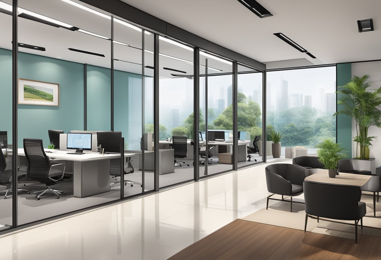 A modern office with the company name "Giftano Pte Ltd" displayed on a sleek glass door, surrounded by contemporary furniture and a professional atmosphere