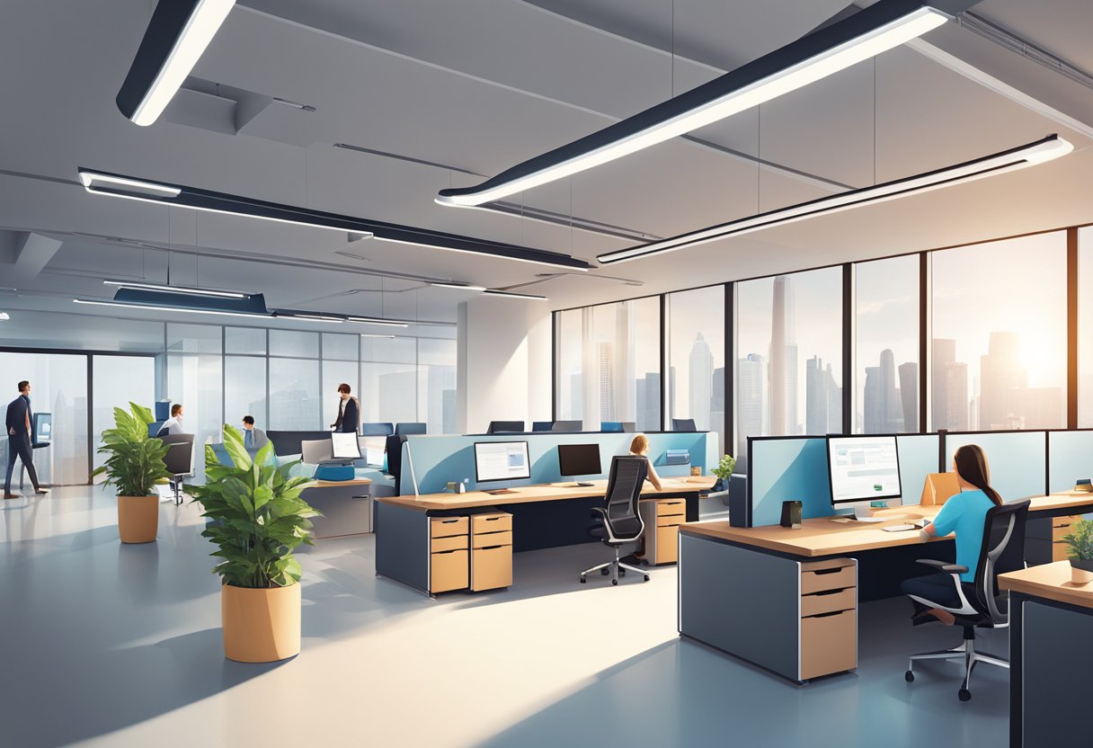 A modern office space with the company's logo displayed prominently on the wall, surrounded by a team of employees working collaboratively at their desks