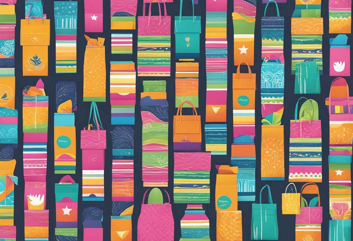 Colorful custom printed paper bags arranged in a neat stack, with vibrant designs and logos. The bags vary in size and shape, creating an eye-catching display