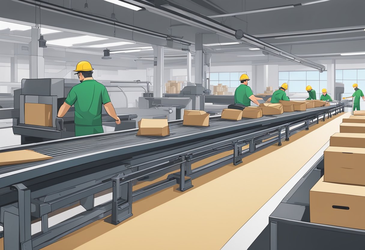 Machines print and stack custom paper bags. Workers load them onto conveyor belts for distribution