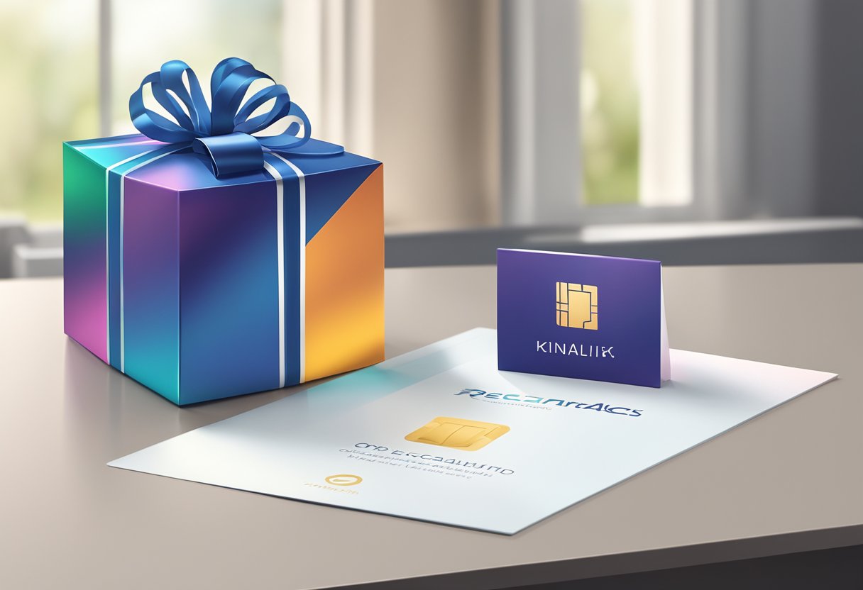 A gift box with the company logo sits on a sleek, modern desk. A ribbon is elegantly tied around the box, and a personalized gift card peeks out from underneath