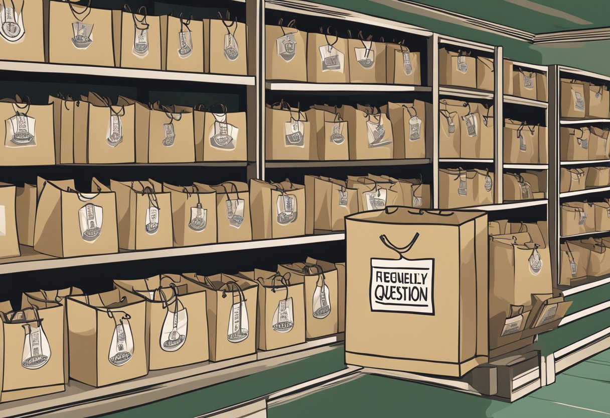 Custom printed paper bags arranged neatly on a display shelf, with a sign above them reading "Frequently Asked Questions."