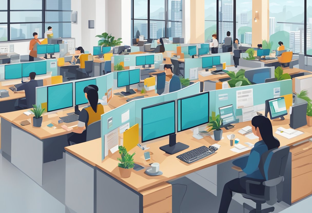 A busy office with people answering calls and typing on computers. A sign on the wall reads "Frequently Asked Questions giftano pte ltd"