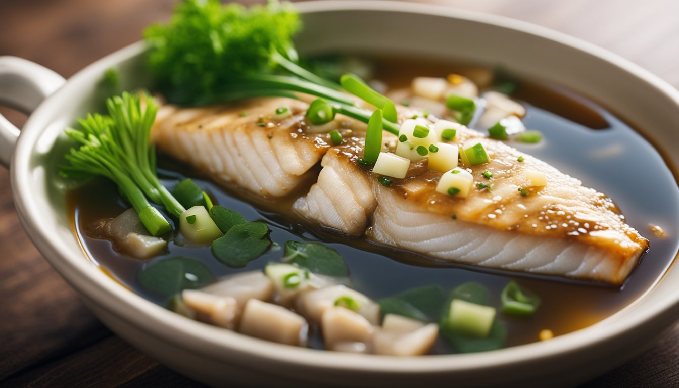 A whole fish simmering in a savory soy-based broth with ginger and green onions, surrounded by steam and bubbling liquid