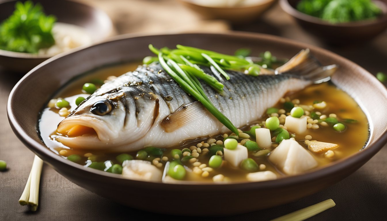 A whole fish simmering in a savory soy-based broth with ginger and mirin, garnished with green onions and sesame seeds