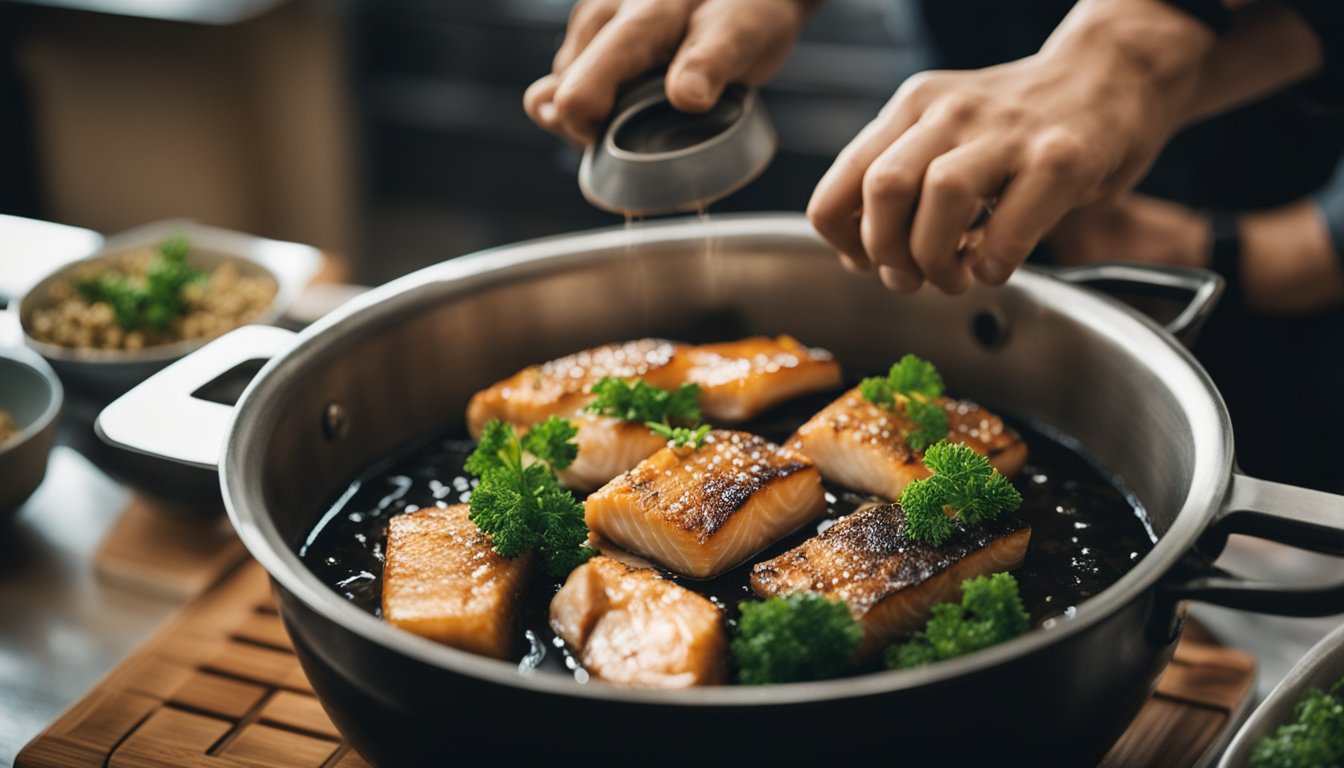 A chef marinates fish in soy sauce, mirin, and sugar in a pot
