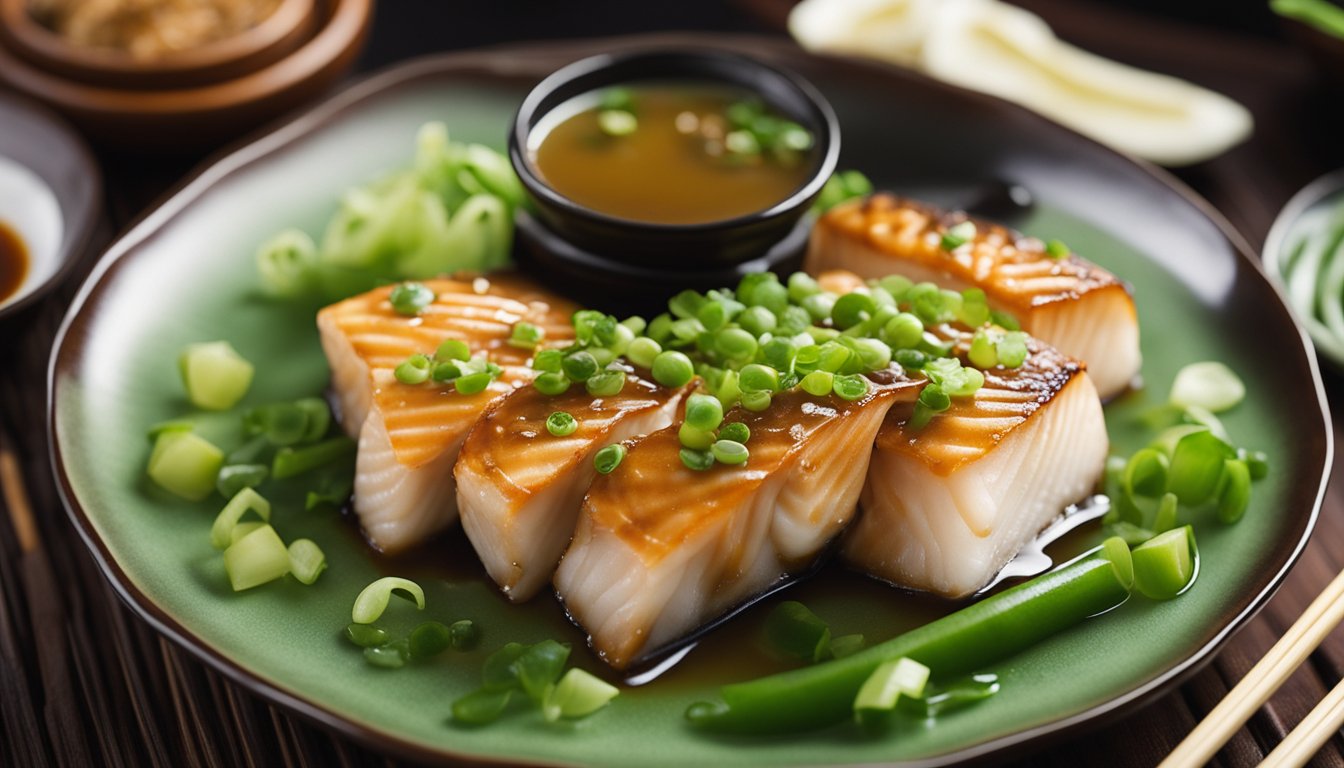 A plate of nitsuke fish with steaming sauce, garnished with green onions and ginger, placed on a traditional Japanese serving dish