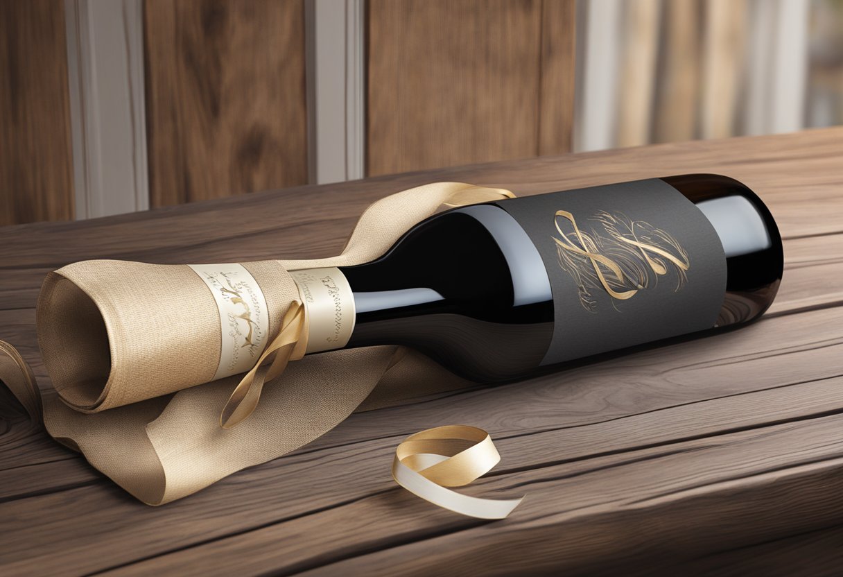 A custom wine bag sits on a rustic wooden table, adorned with elegant calligraphy and a decorative ribbon. A bottle of wine peeks out from inside, adding to the luxurious feel of the scene