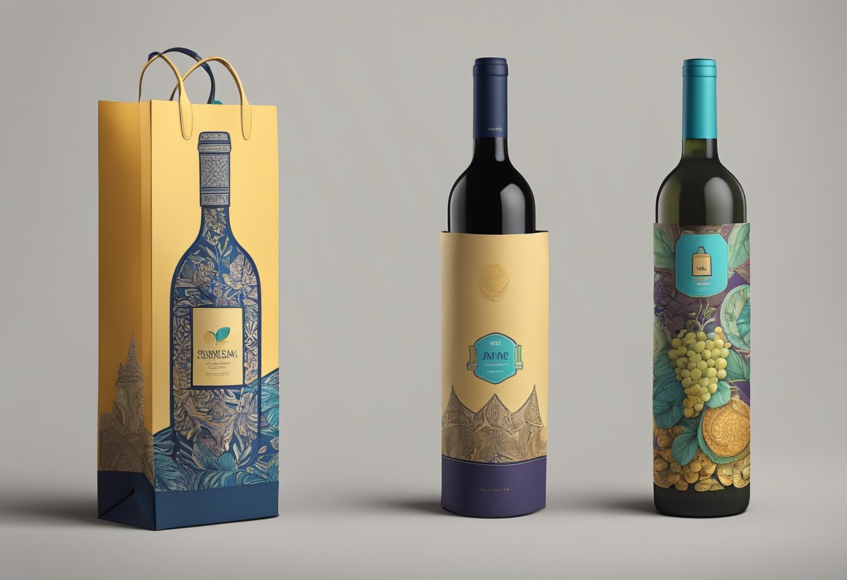 A wine bag with customizable design elements, such as logos, colors, and text, is being displayed on a table with a bottle of wine next to it