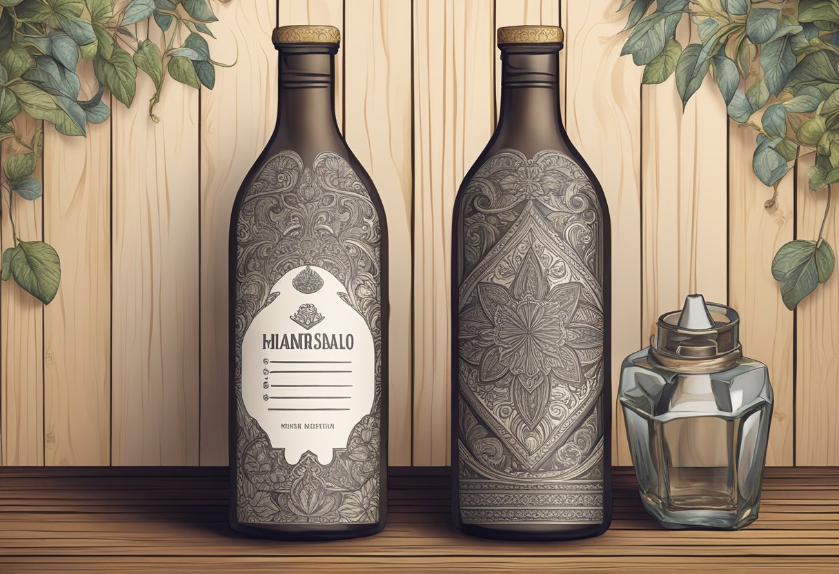A customised bottle sits on a rustic wooden table, adorned with intricate designs and personalized details