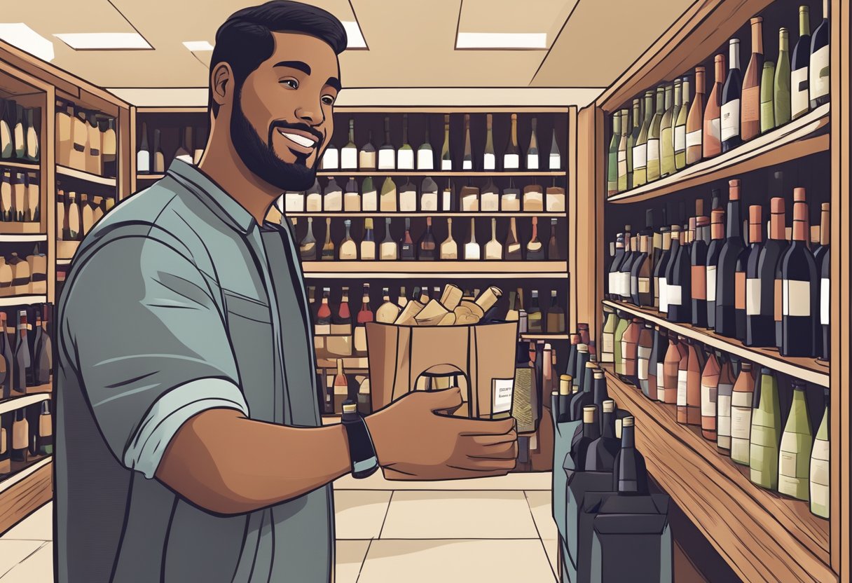 A hand reaches for a custom wine bag on a store shelf, surrounded by other wine and beverage products