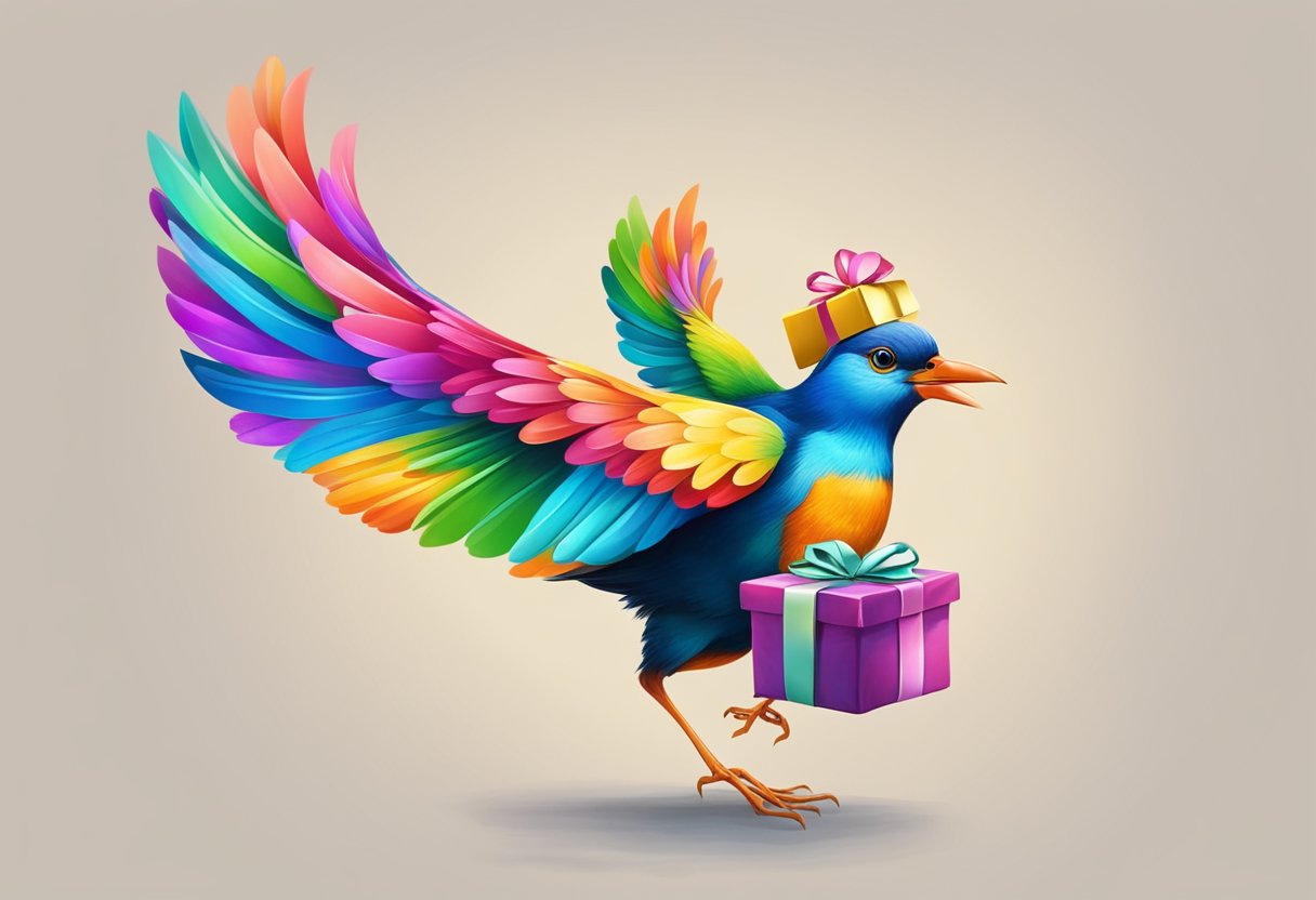 A colorful bird delivering gifts with a joyful expression