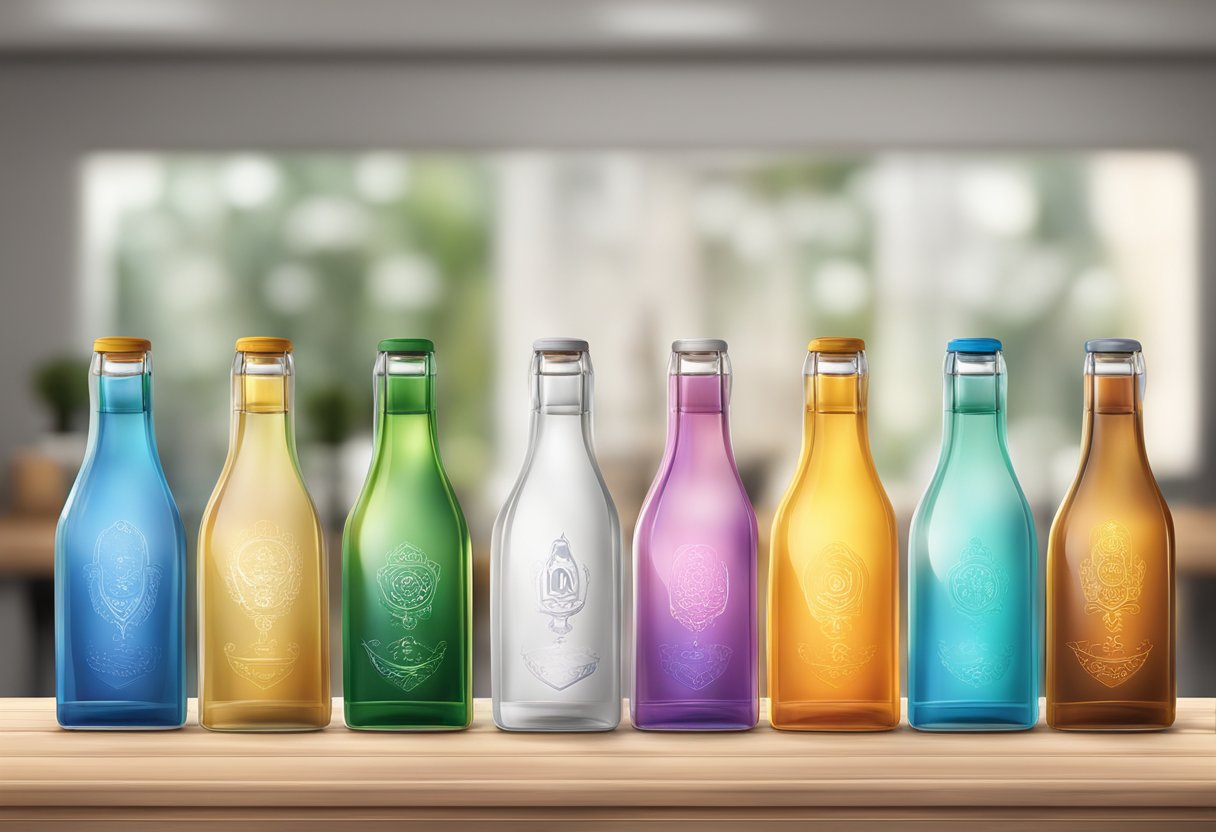A bottle with various customisation options displayed on a table