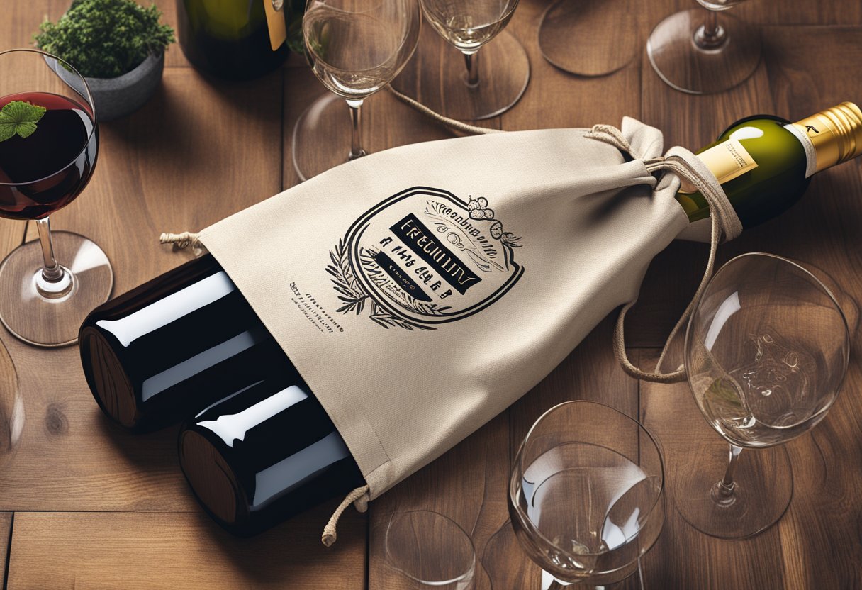A custom wine bag with "Frequently Asked Questions" printed on it, surrounded by various wine bottles and glasses on a rustic wooden table