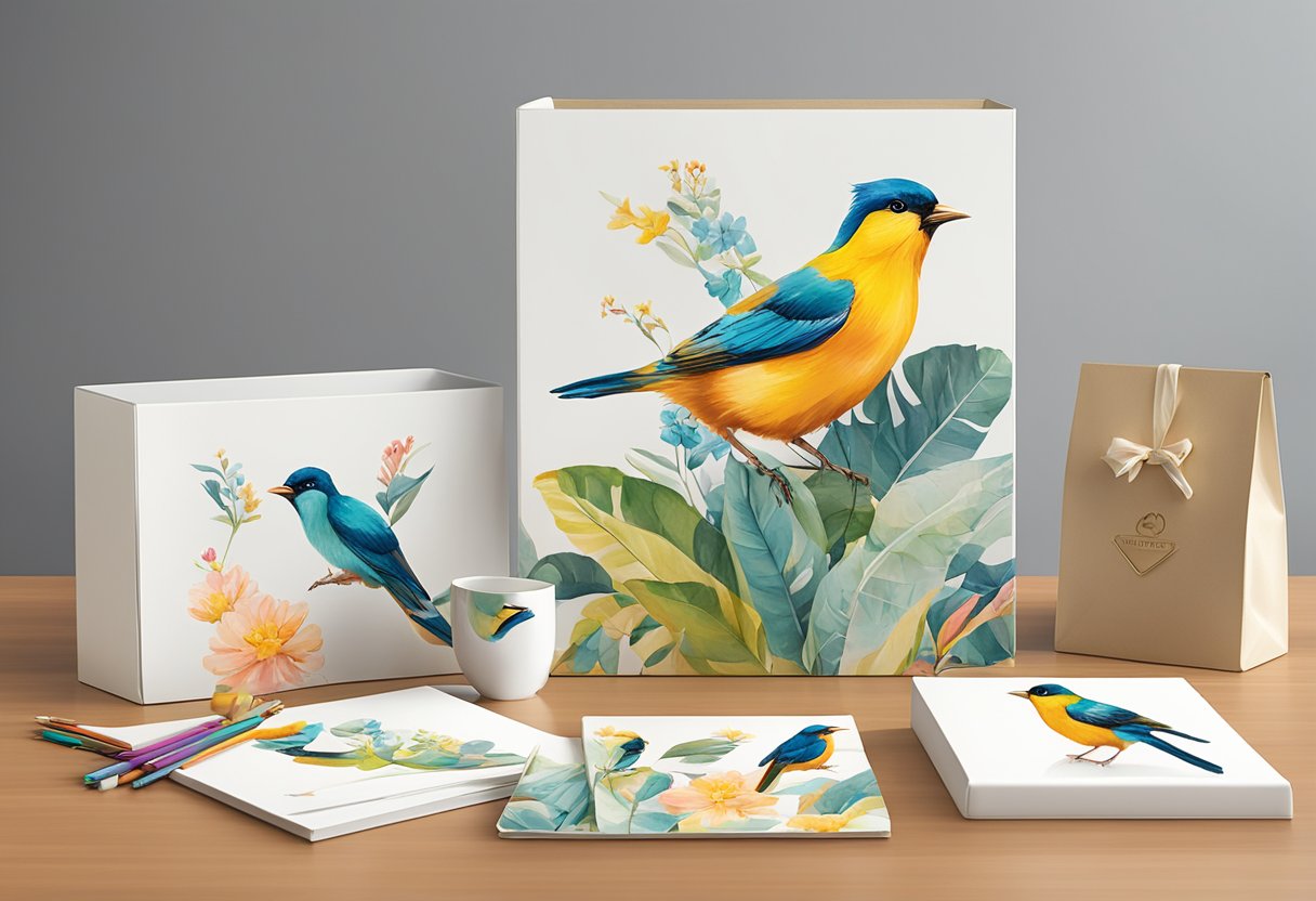 A group of colorful, cheerful bird-themed corporate gifts displayed on a sleek, modern table in a professional office setting in Singapore