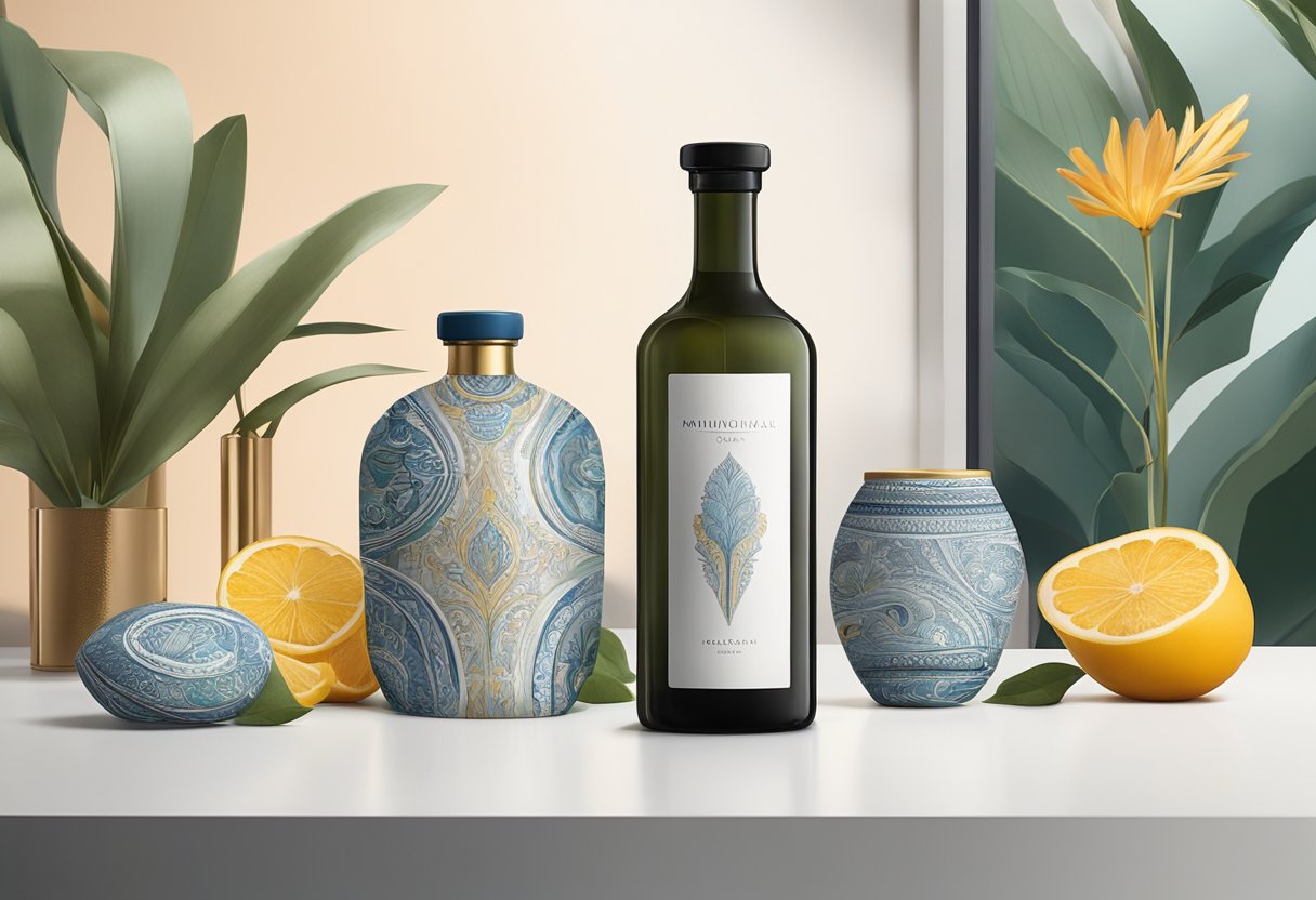 A customised bottle sits on a sleek, modern table with minimalistic surroundings. The bottle is adorned with intricate designs and personalized details, reflecting attention to detail and practical considerations