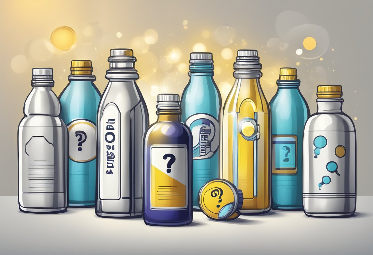 A customised bottle with "Frequently Asked Questions" label, surrounded by question marks and a bright spotlight