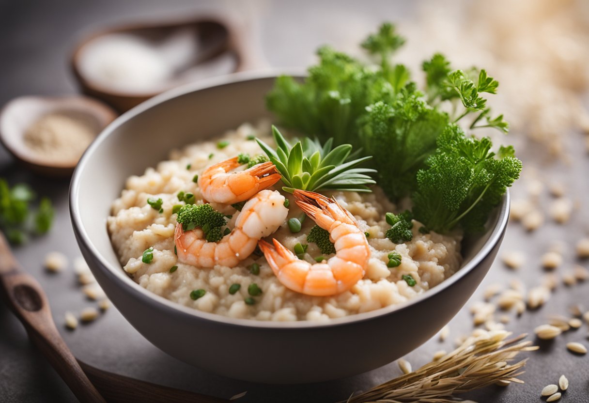 A steaming bowl of oatmeal topped with succulent prawns and a sprinkle of fresh herbs