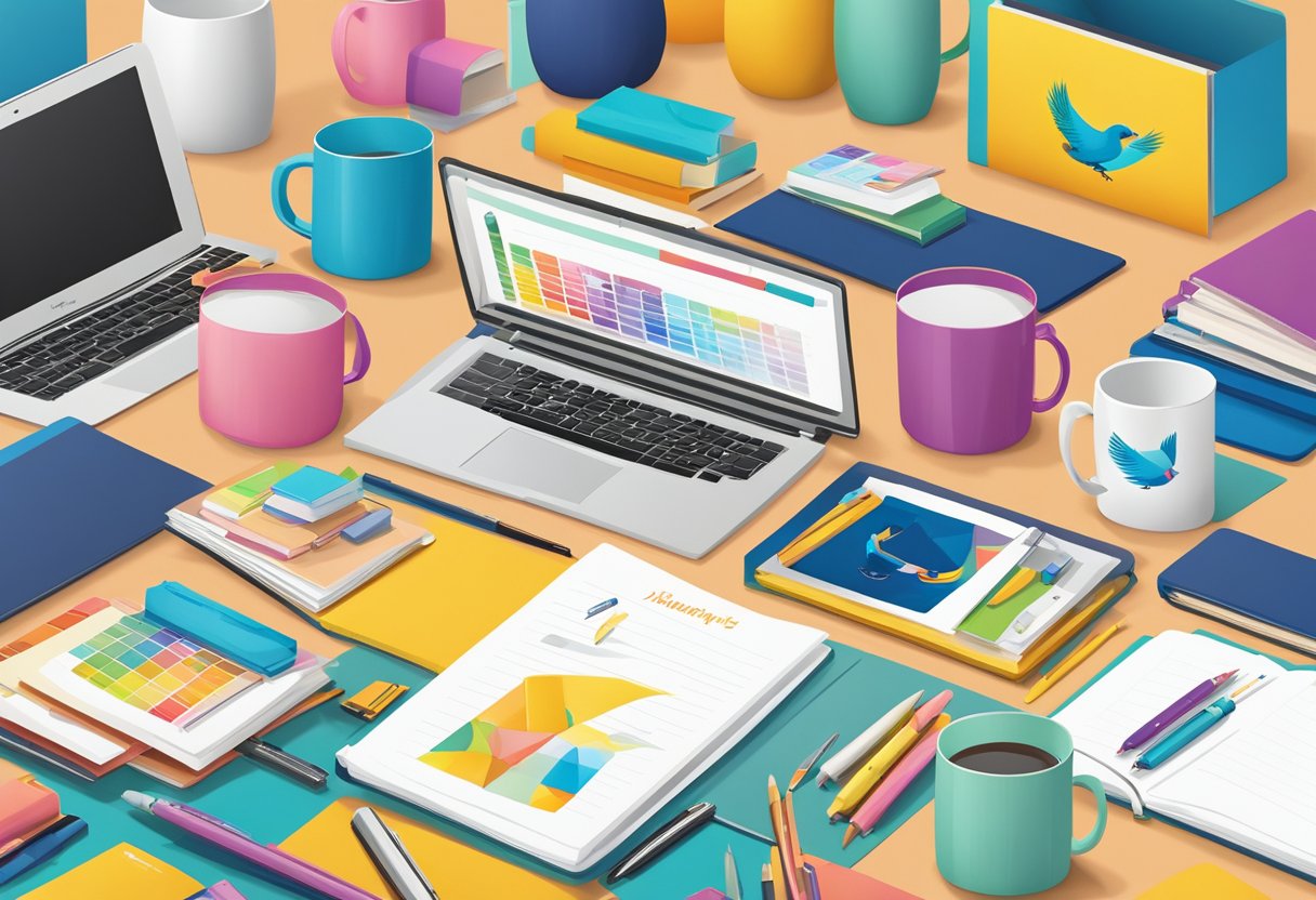 A colorful array of branded corporate gifts, including mugs, notebooks, and pens, are displayed on a sleek, modern desk. A cheerful bird logo adorns each item, adding a touch of whimsy to the professional setting