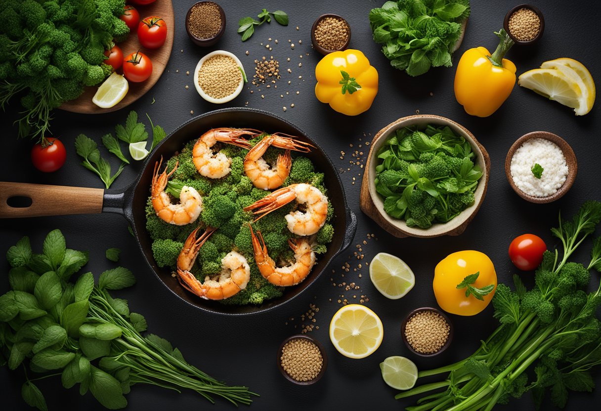 A sizzling pan with golden-brown prawns coated in a crispy oatmeal crust, surrounded by vibrant green herbs and colorful sliced vegetables