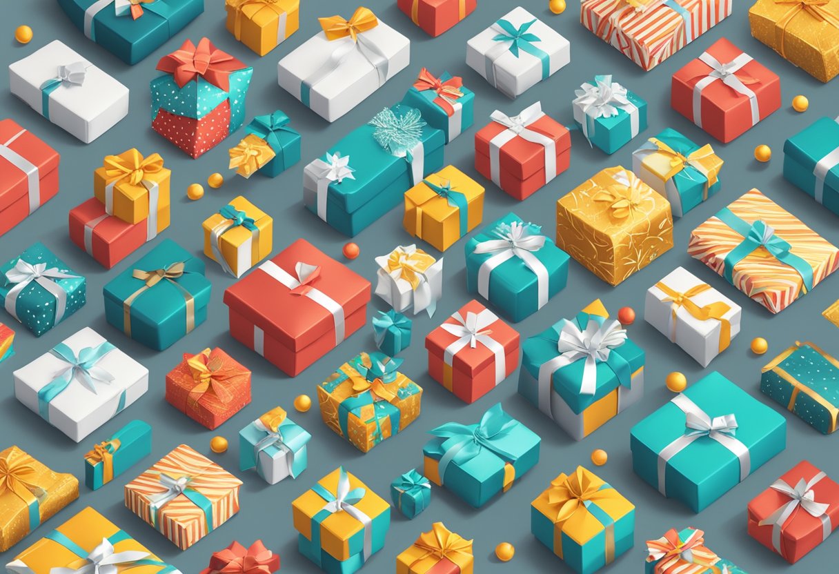 A table with 100 neatly wrapped corporate gifts, branded with company logos, surrounded by festive decorations and a banner reading "Corporate Gifts 100."