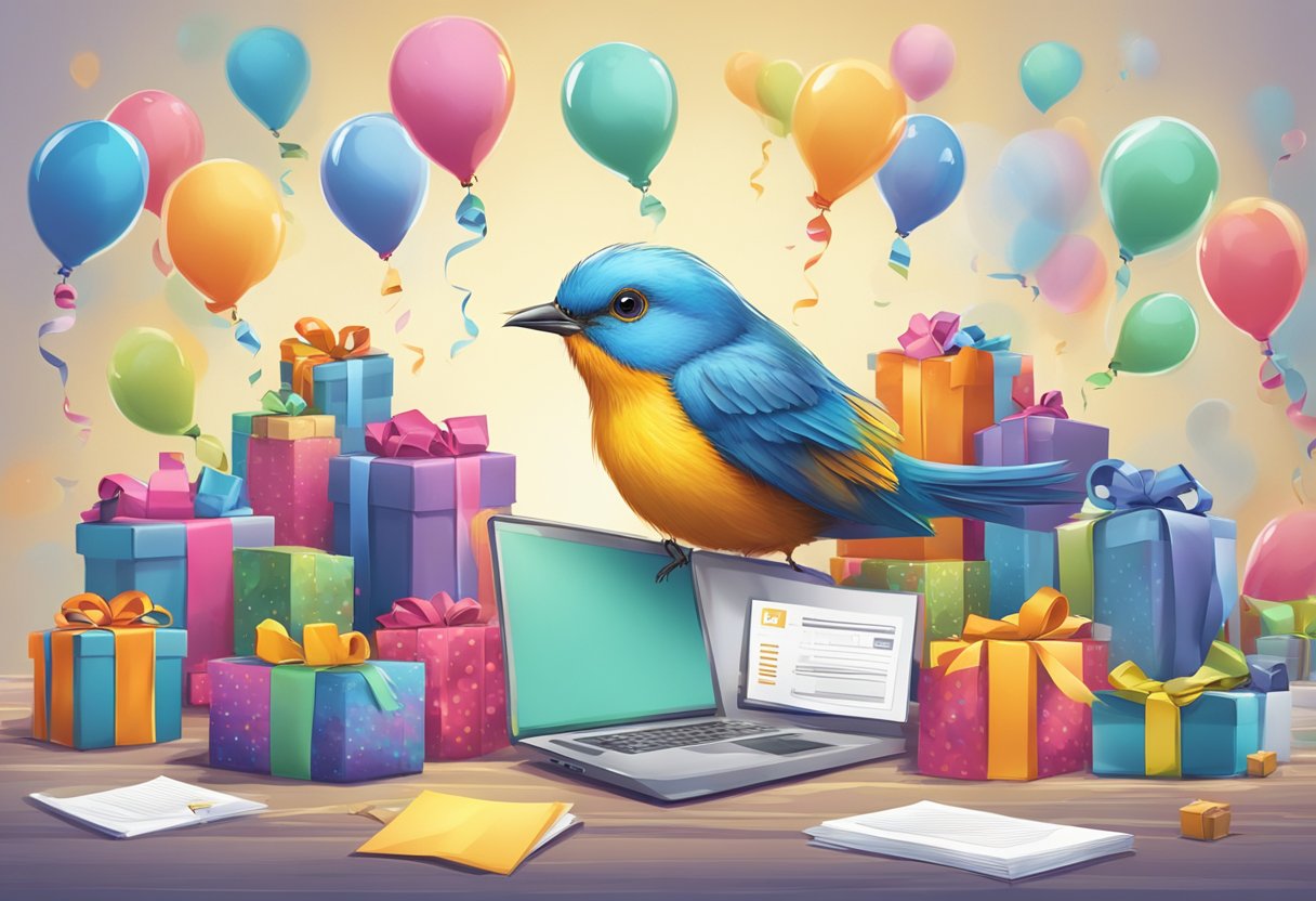 A cheerful bird surrounded by various corporate gifts, with a "Frequently Asked Questions" sign in the background