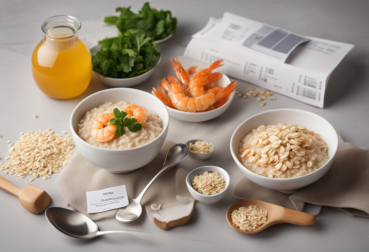 A bowl of oatmeal with prawns, surrounded by nutritional information labels and a spoon