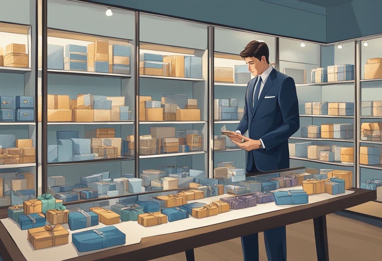 A person in a suit stands in front of a display of various corporate gifts, carefully examining each item before making a selection