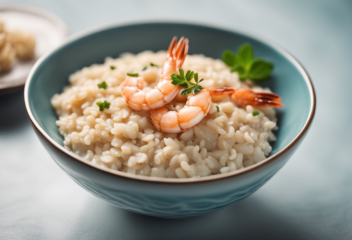 A bowl of oatmeal with prawns in a FAQ setting