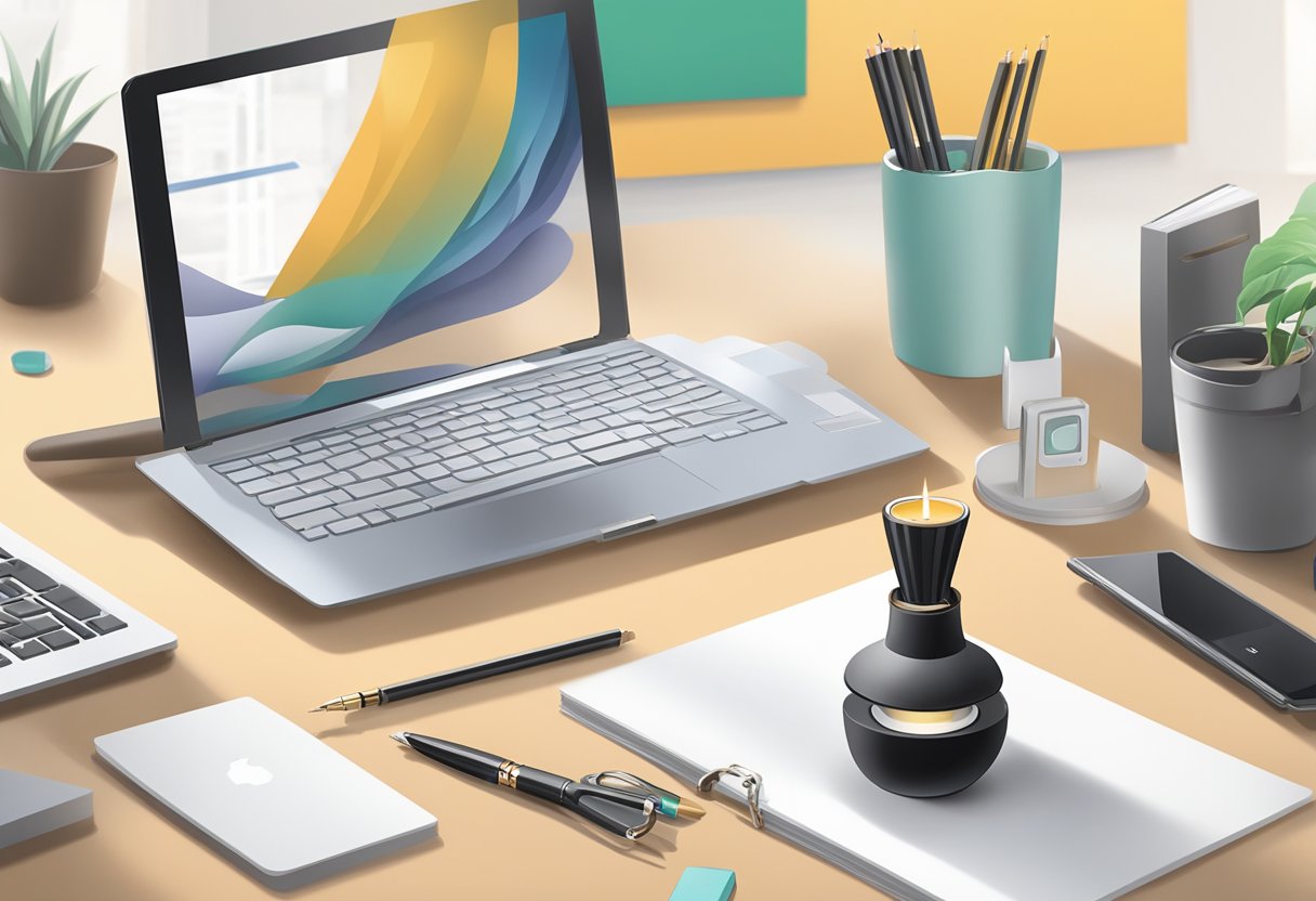 A corporate gifts diffuser wick is being placed in a sleek office setting, surrounded by business-related items like a laptop, pen, and notebook