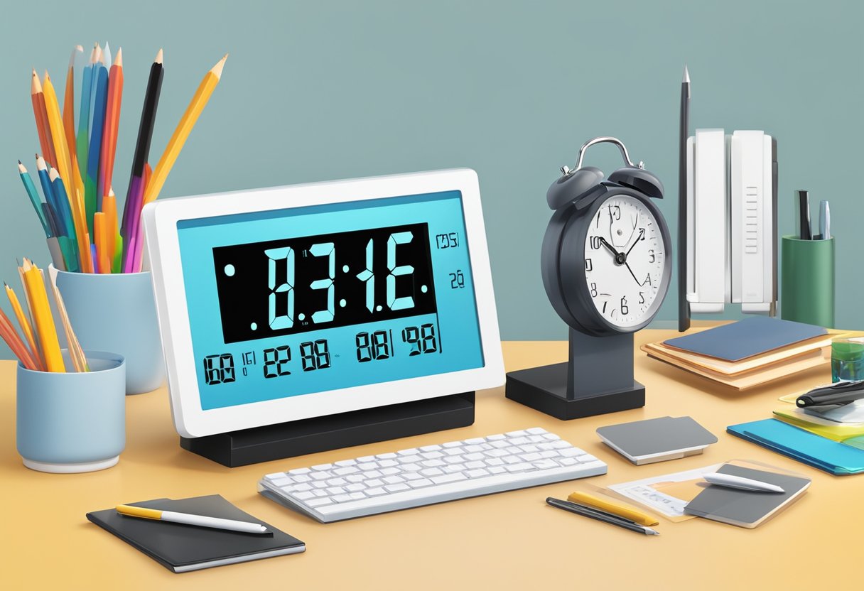 A digital clock sits on a sleek desk, surrounded by polished office supplies. The clock's display shows the time in bold, illuminated numbers