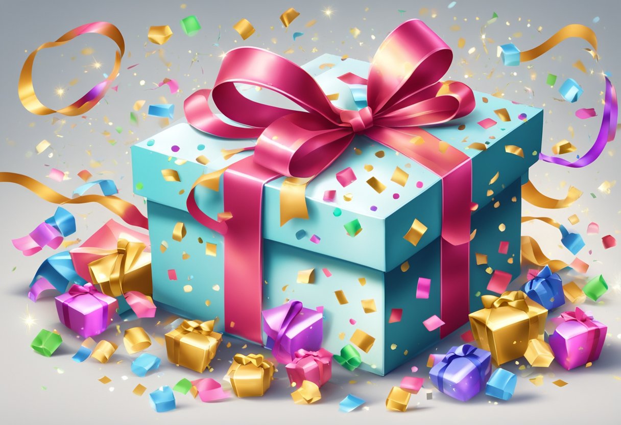 A festive gift box adorned with ribbons and sparkles, surrounded by confetti and streamers