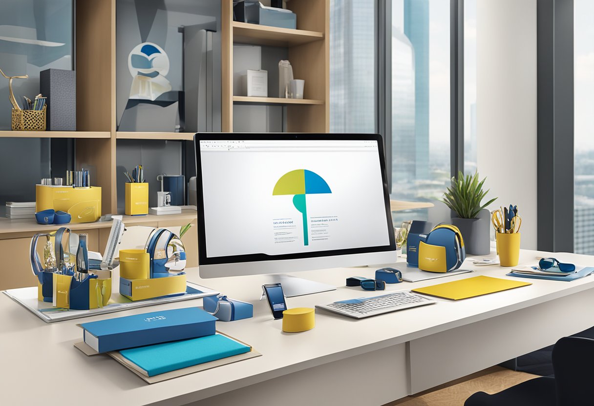 A table adorned with various corporate gifts, including branded items and luxury goods, displayed in a sleek and modern office setting in Singapore