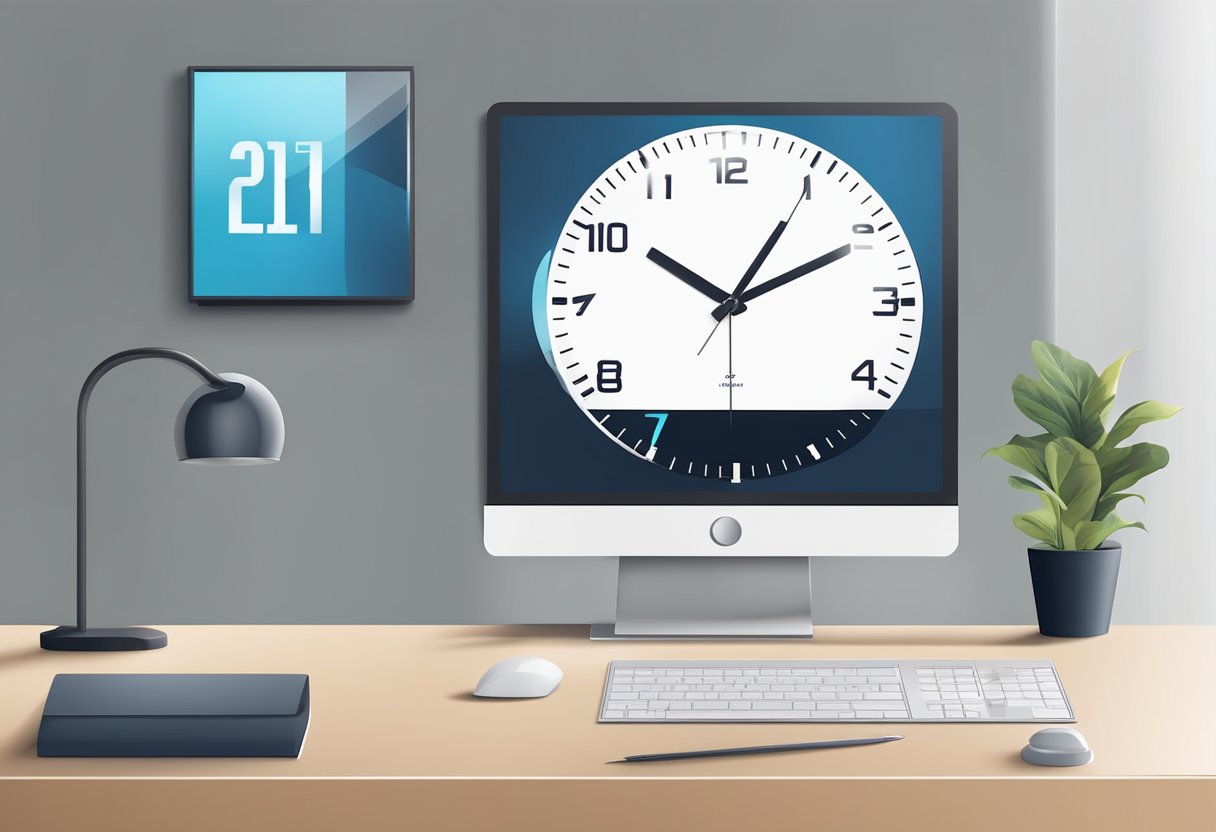 A hand reaches for a sleek digital clock with a corporate logo, displayed on a polished desk with modern office decor