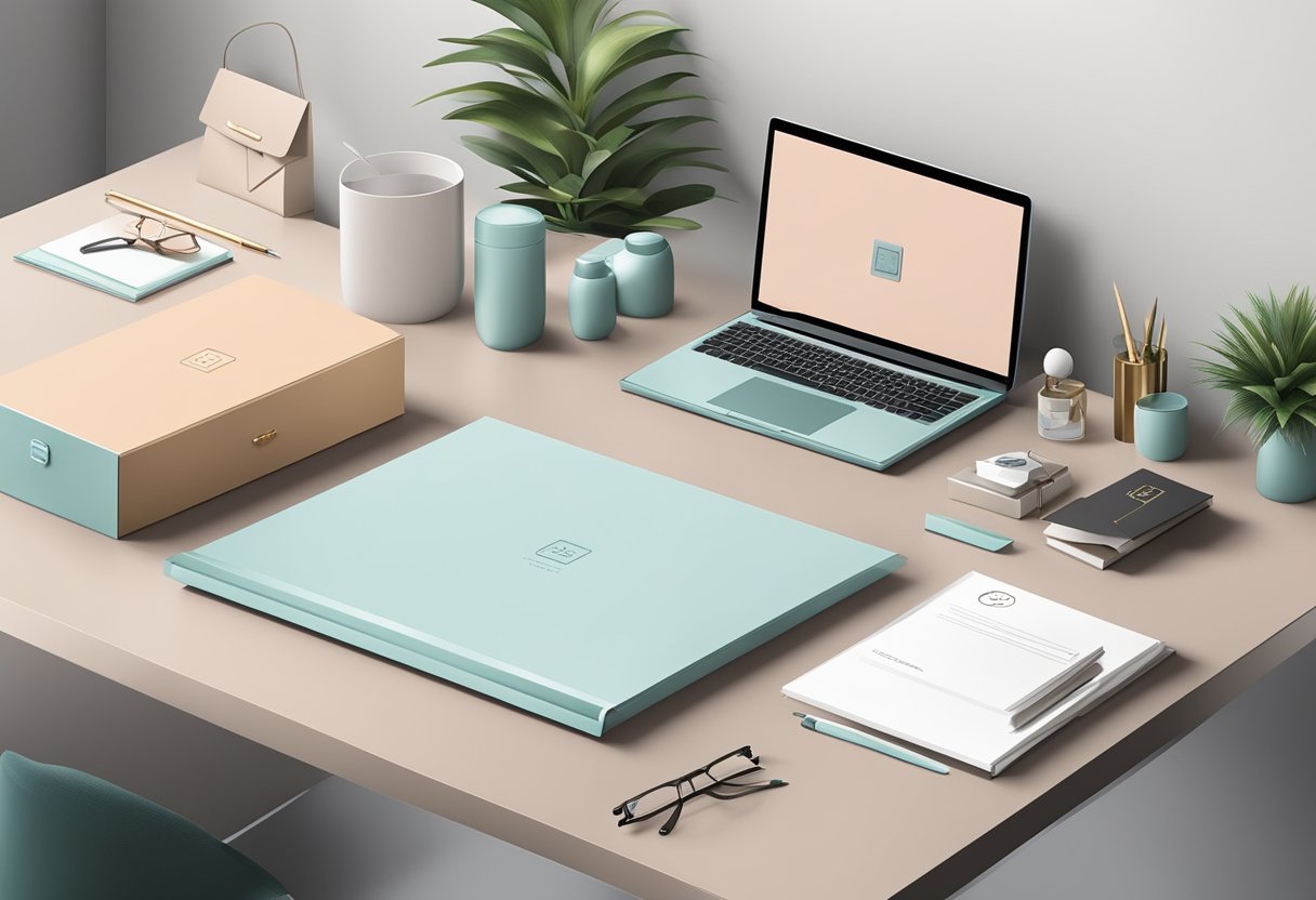 A sleek, modern office desk adorned with a sophisticated, branded corporate gift box, surrounded by elegant stationery and luxurious office decor