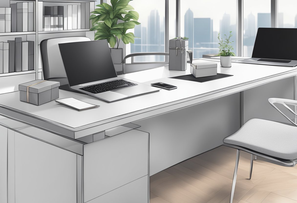 A table adorned with elegant, custom-branded gifts and packaging, set against a backdrop of a sleek office environment with modern decor and professional ambiance