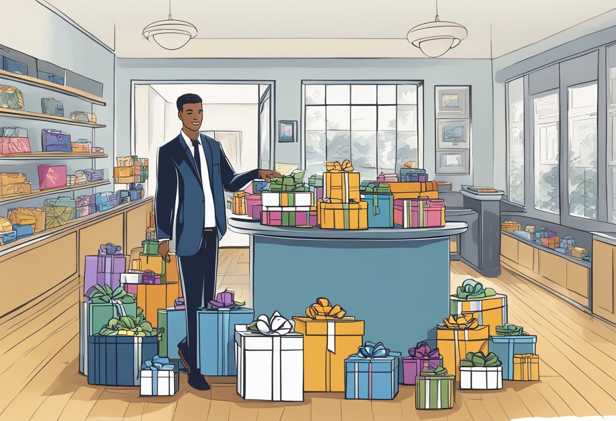 A table displays an array of corporate gifts, from elegant pens to luxurious gift baskets. A delivery person stands nearby, ready to transport the carefully selected items to their recipients
