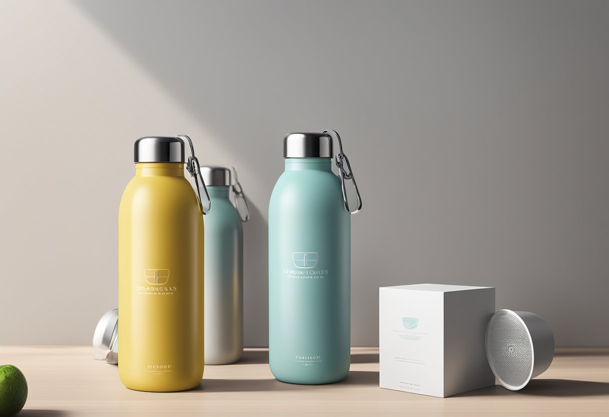 A 500ml PC bottle with a strainer, customized for corporate gifting, displayed on a clean, modern desk with branding and packaging nearby