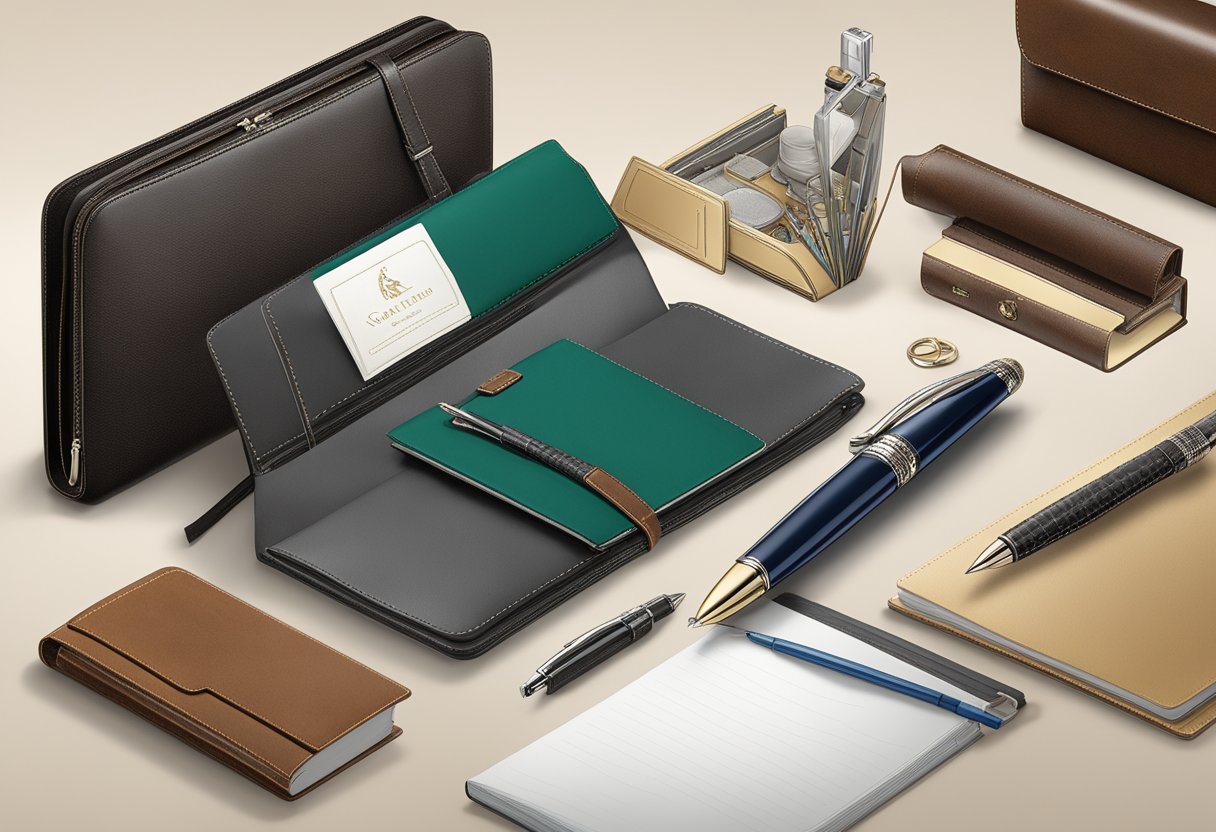 A table adorned with elegant corporate gifts: engraved pens, embossed notebooks, and custom leather portfolios