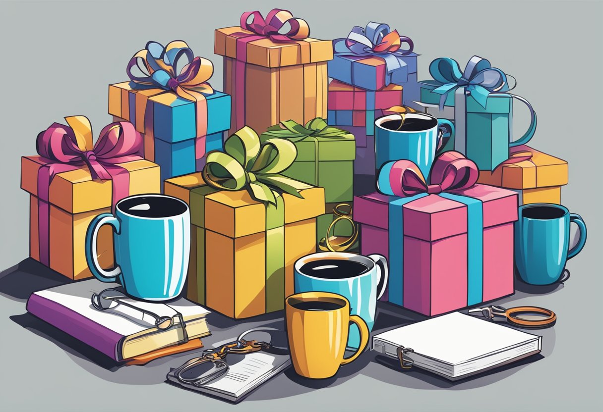 A group of gift items, such as mugs, notebooks, and keychains, arranged in a lively and dynamic display, with the words "Frequently Asked Questions dancy corporate gift" prominently featured