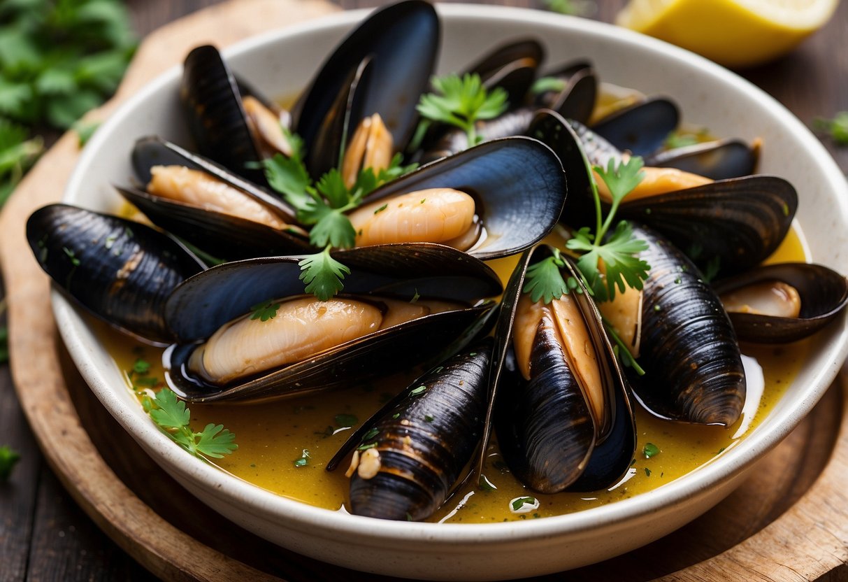 Mussels simmer in a fragrant white wine broth, surrounded by garlic, shallots, and fresh herbs