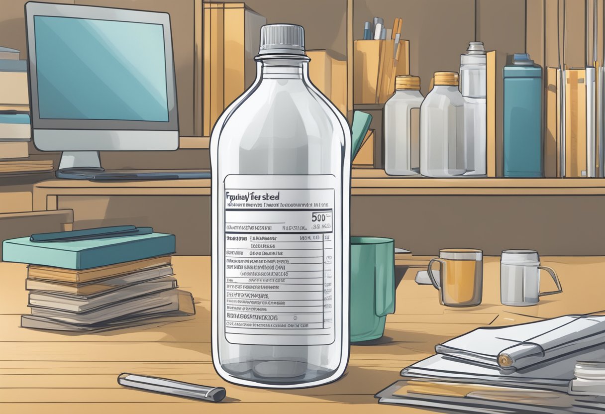A clear 500ml PC bottle with a built-in strainer, labeled "Frequently Asked Questions," sits on a desk surrounded by corporate gifts