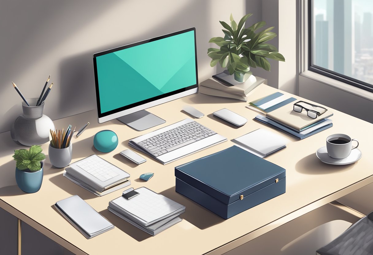 A sleek, modern office desk with a stack of personalized luxury corporate gifts and a sign reading "Frequently Asked Questions" in elegant script